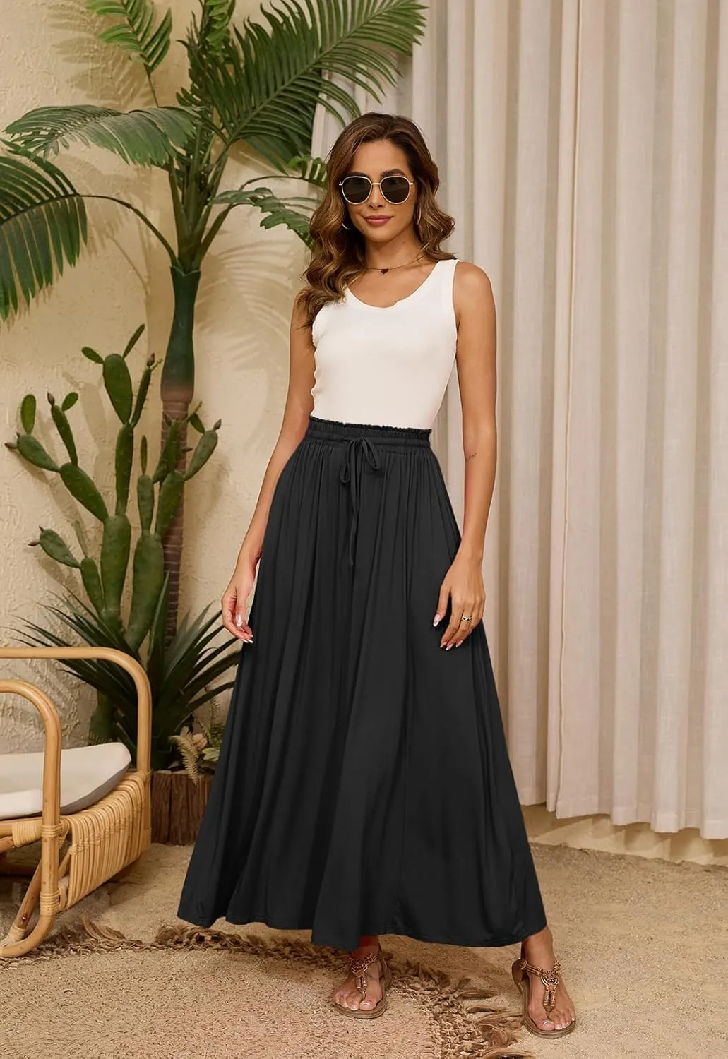 Womens Maxi High Elastic Waisted Skirt Flowy A-Line Split Hem Beach Long Skirts for Women with Pockets