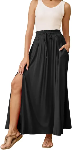 Womens Maxi High Elastic Waisted Skirt Flowy A-Line Split Hem Beach Long Skirts for Women with Pockets