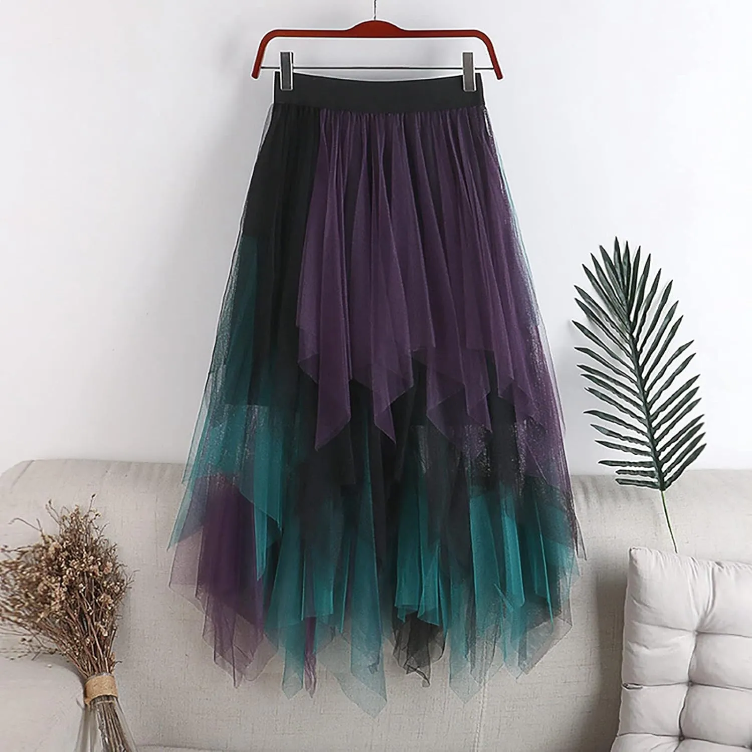 Women's Mesh Irregular Stitching Cake Fairy Skirt A-line Pleated Skirt Elastic Waist Tulle Tutu Midi Skirt