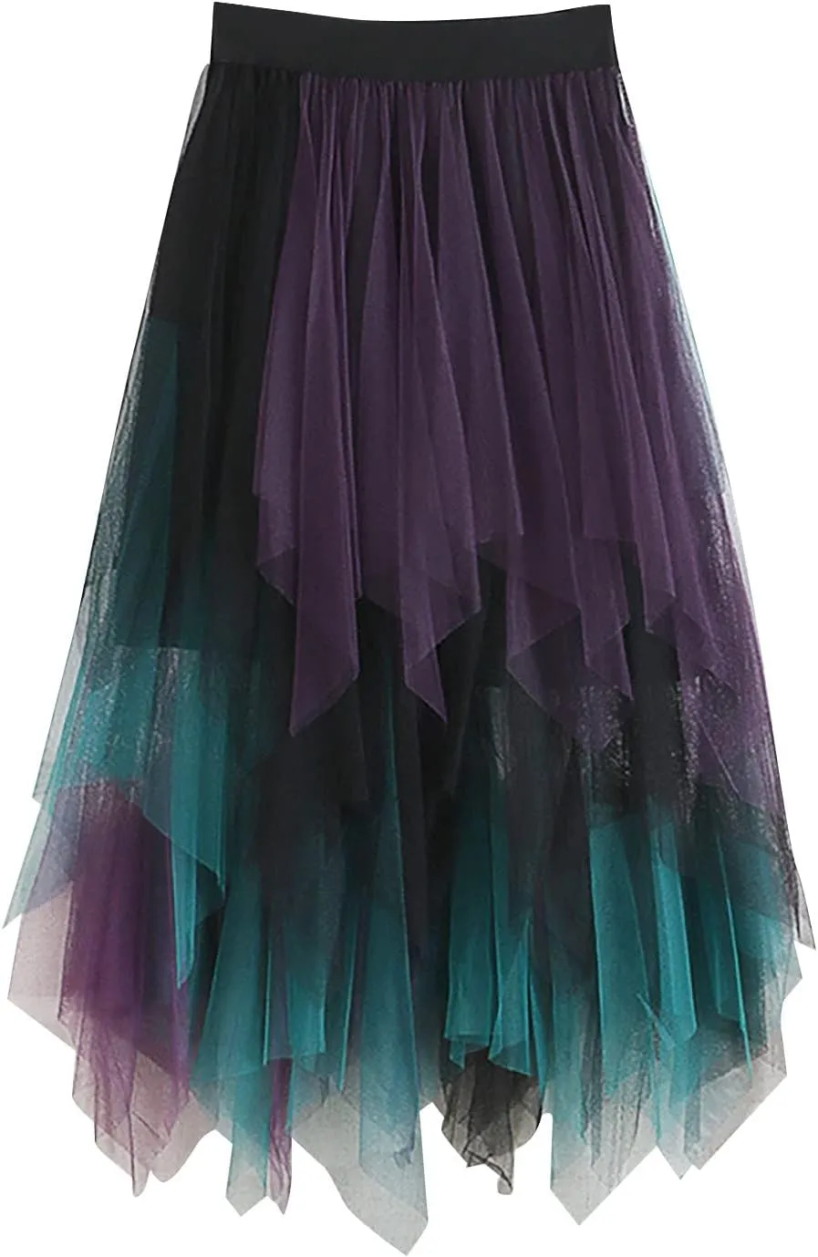 Women's Mesh Irregular Stitching Cake Fairy Skirt A-line Pleated Skirt Elastic Waist Tulle Tutu Midi Skirt