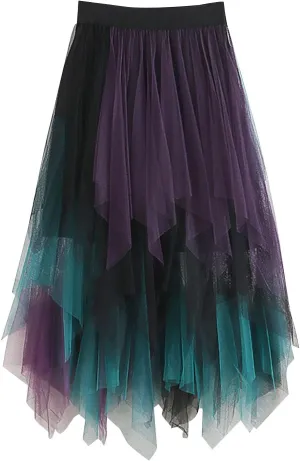 Women's Mesh Irregular Stitching Cake Fairy Skirt A-line Pleated Skirt Elastic Waist Tulle Tutu Midi Skirt