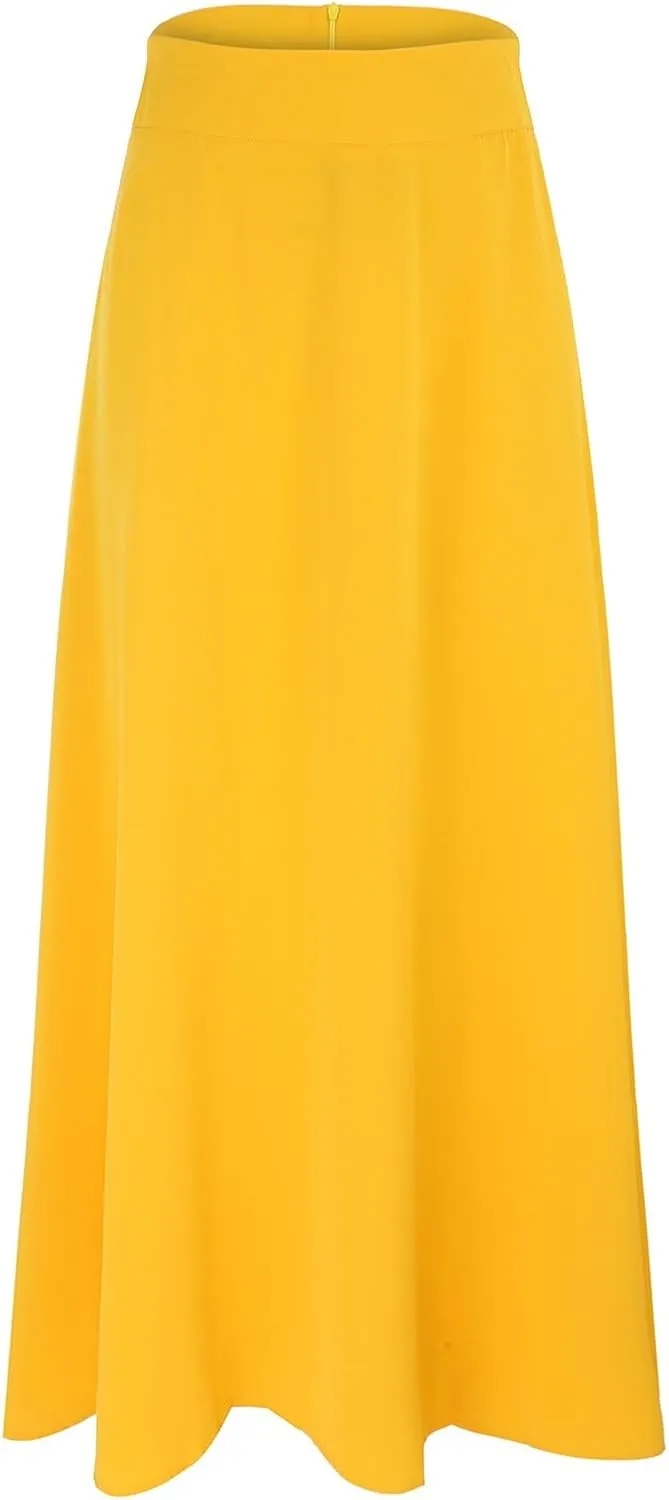 Womens Midi Swing A-line Skirt High Elastic Waist Pleated Beach Skirt Dressy Plain Solid Color Elegant Long Skirts