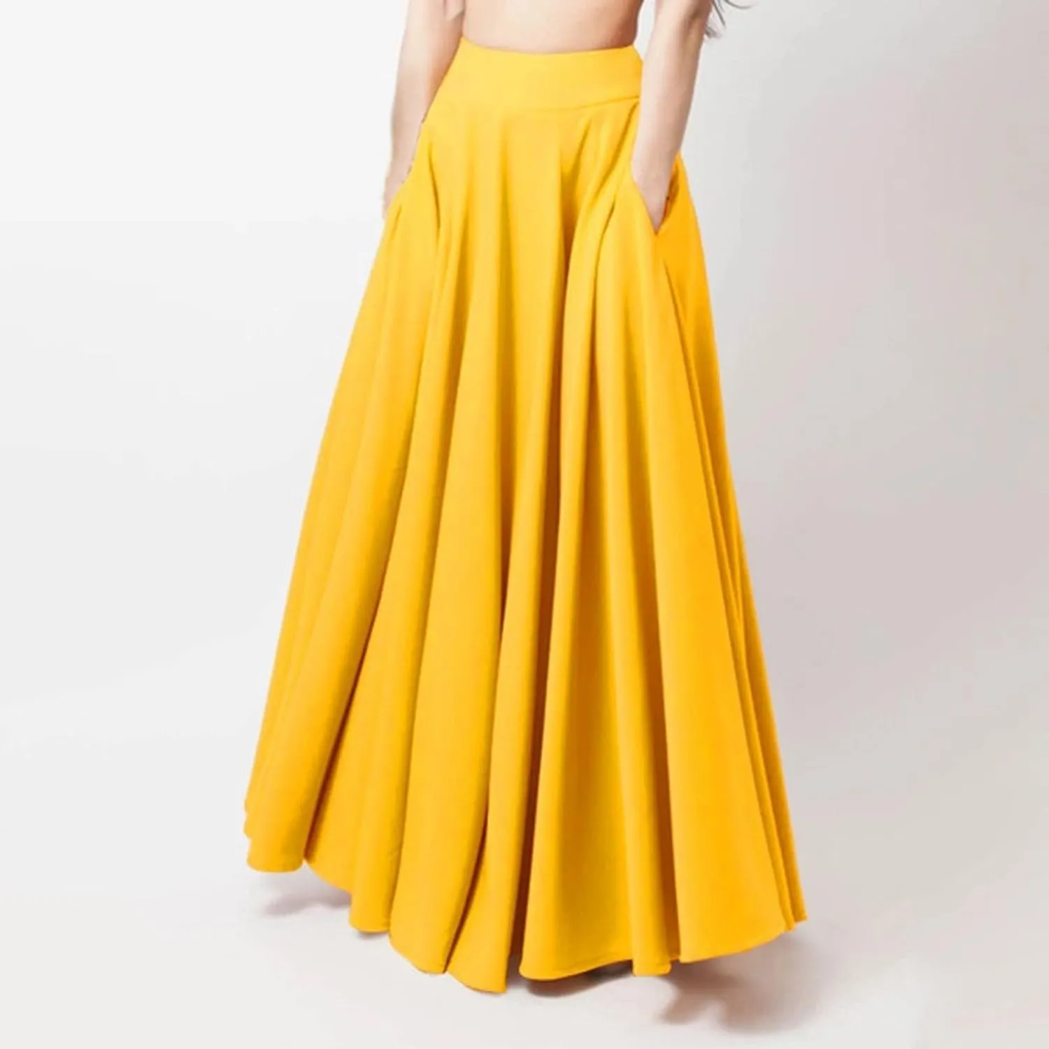 Womens Midi Swing A-line Skirt High Elastic Waist Pleated Beach Skirt Dressy Plain Solid Color Elegant Long Skirts