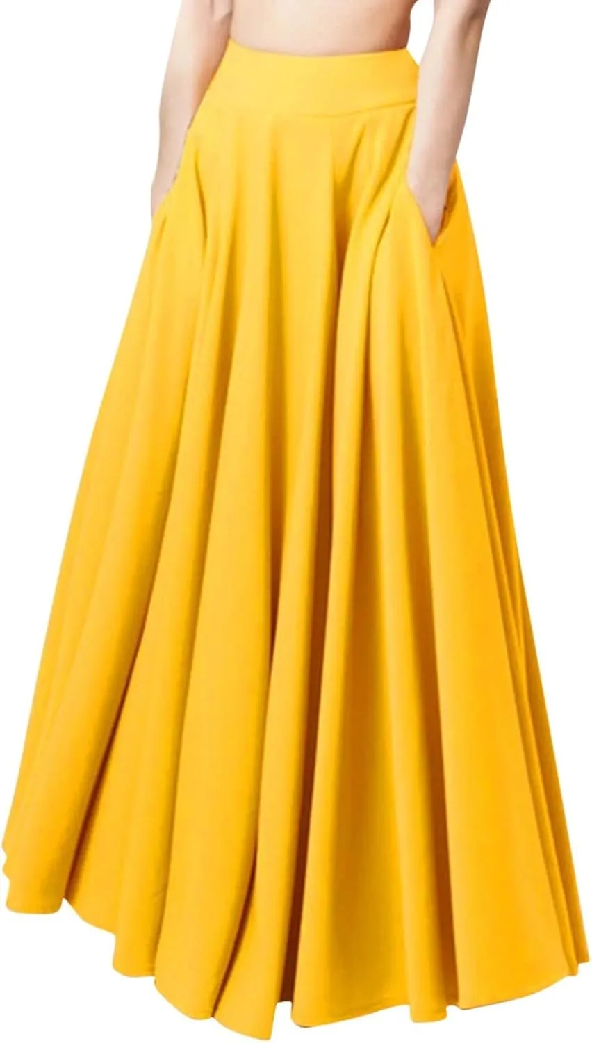 Womens Midi Swing A-line Skirt High Elastic Waist Pleated Beach Skirt Dressy Plain Solid Color Elegant Long Skirts