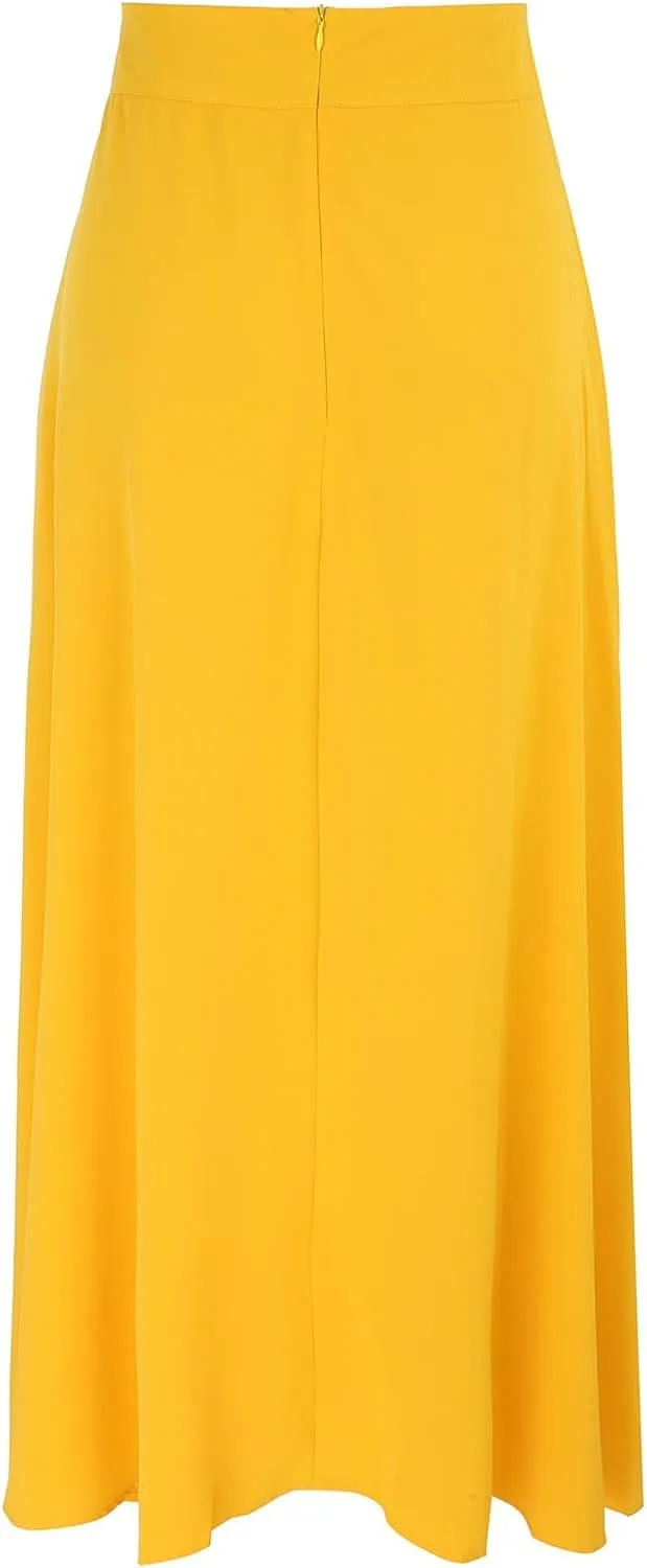 Womens Midi Swing A-line Skirt High Elastic Waist Pleated Beach Skirt Dressy Plain Solid Color Elegant Long Skirts