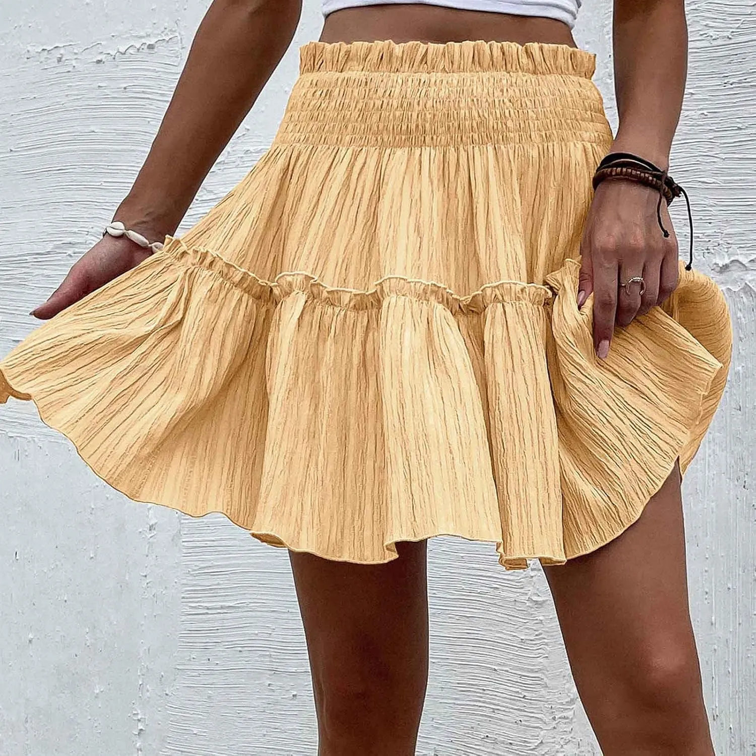 Women's Mini Skirt Summer Beach Skirt Casual Elastic High Waist Pleated A Line Ruffle Hem Flowy A Line Short Skirt