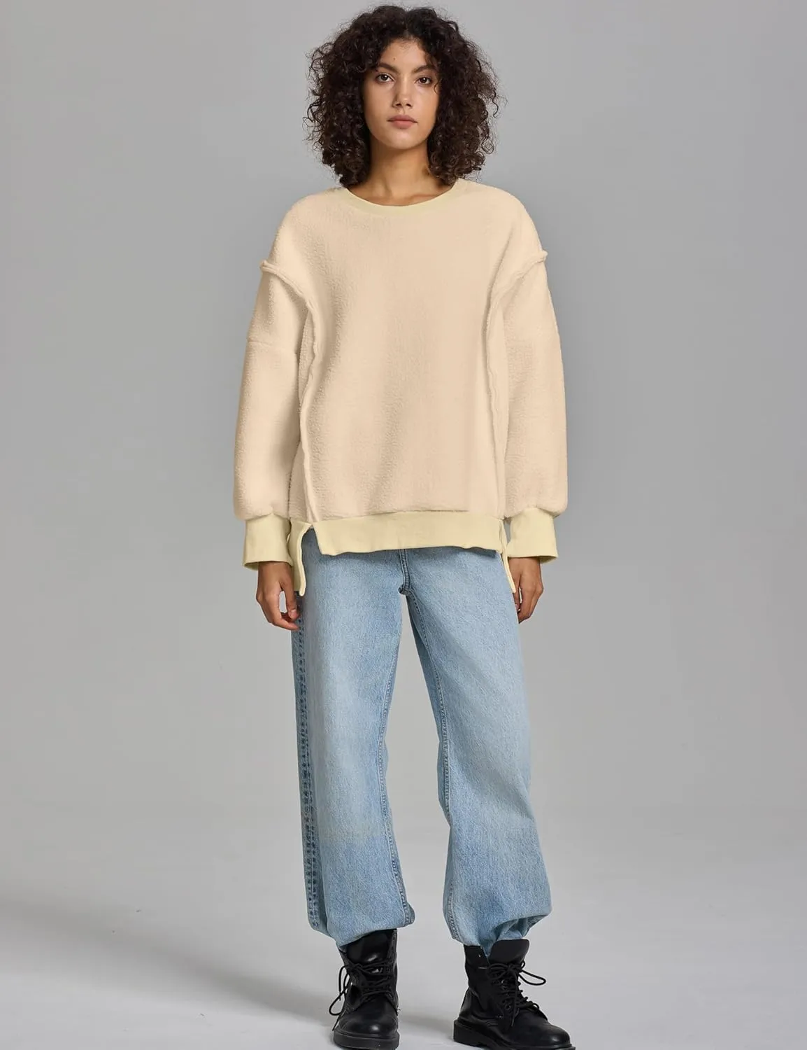 Womens Oversized Crewneck Fuzzy Fleece Sweatshirts Fall Winter Warm Trendy Patchwork Sherpa Pullover Top 2024