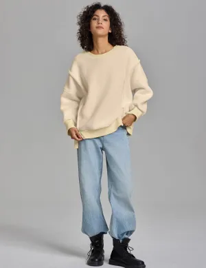 Womens Oversized Crewneck Fuzzy Fleece Sweatshirts Fall Winter Warm Trendy Patchwork Sherpa Pullover Top 2024
