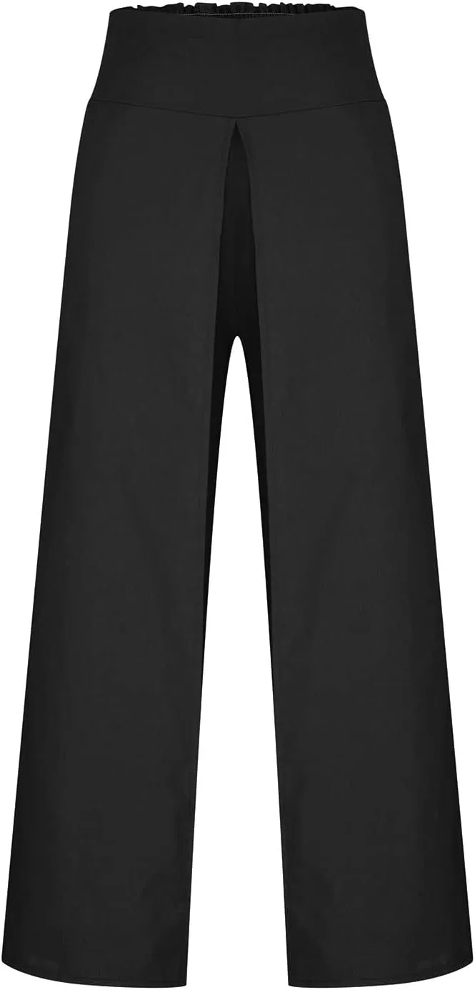 Womens Palazzo Pants 2025 Summer Fashion Comfy High Waist Double Layer Slacks Baggy Flowy Split Hem Wide Leg Pants