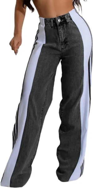 Women's Patchwork Wide Leg Jeans High Waist Baggy Stripes Jeans Stretchy Straight Denim Pants