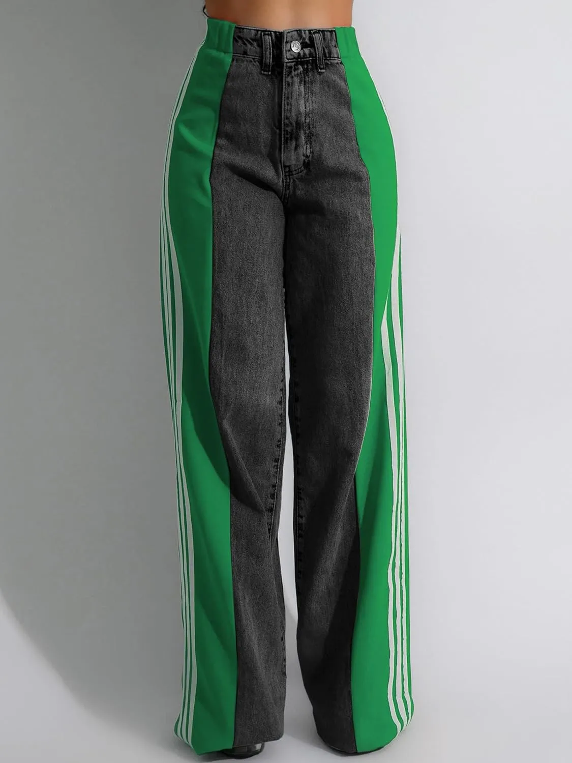 Women's Patchwork Wide Leg Jeans High Waist Baggy Stripes Jeans Stretchy Straight Denim Pants