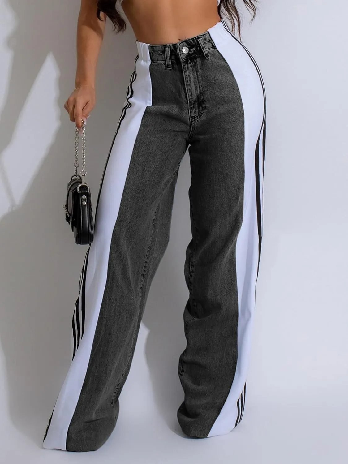 Women's Patchwork Wide Leg Jeans High Waist Baggy Stripes Jeans Stretchy Straight Denim Pants