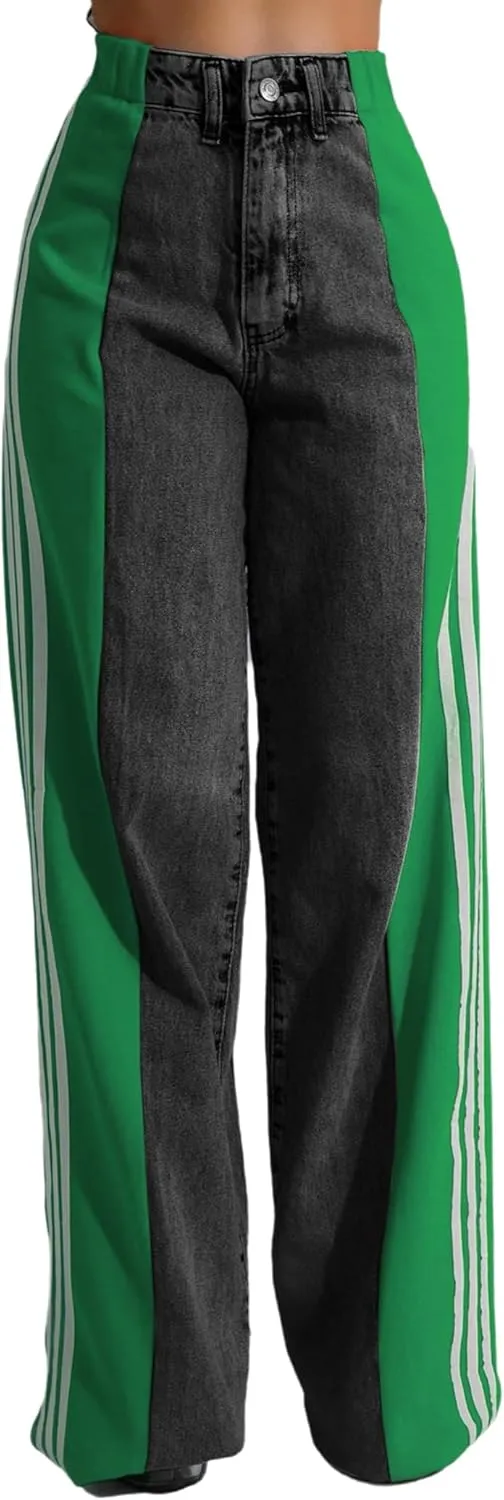 Women's Patchwork Wide Leg Jeans High Waist Baggy Stripes Jeans Stretchy Straight Denim Pants