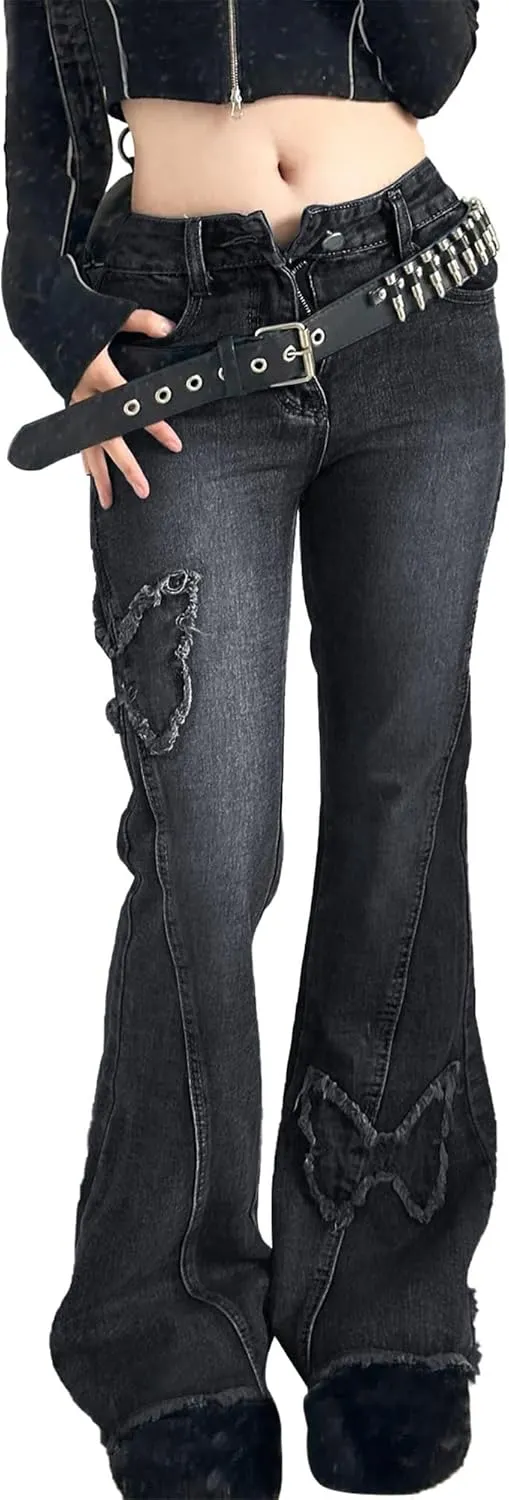 Womens Petite Flare Jeans Y2K Butterfly Low Rise Denim Pants Vintage Grunge Distressed Baggy Jeans