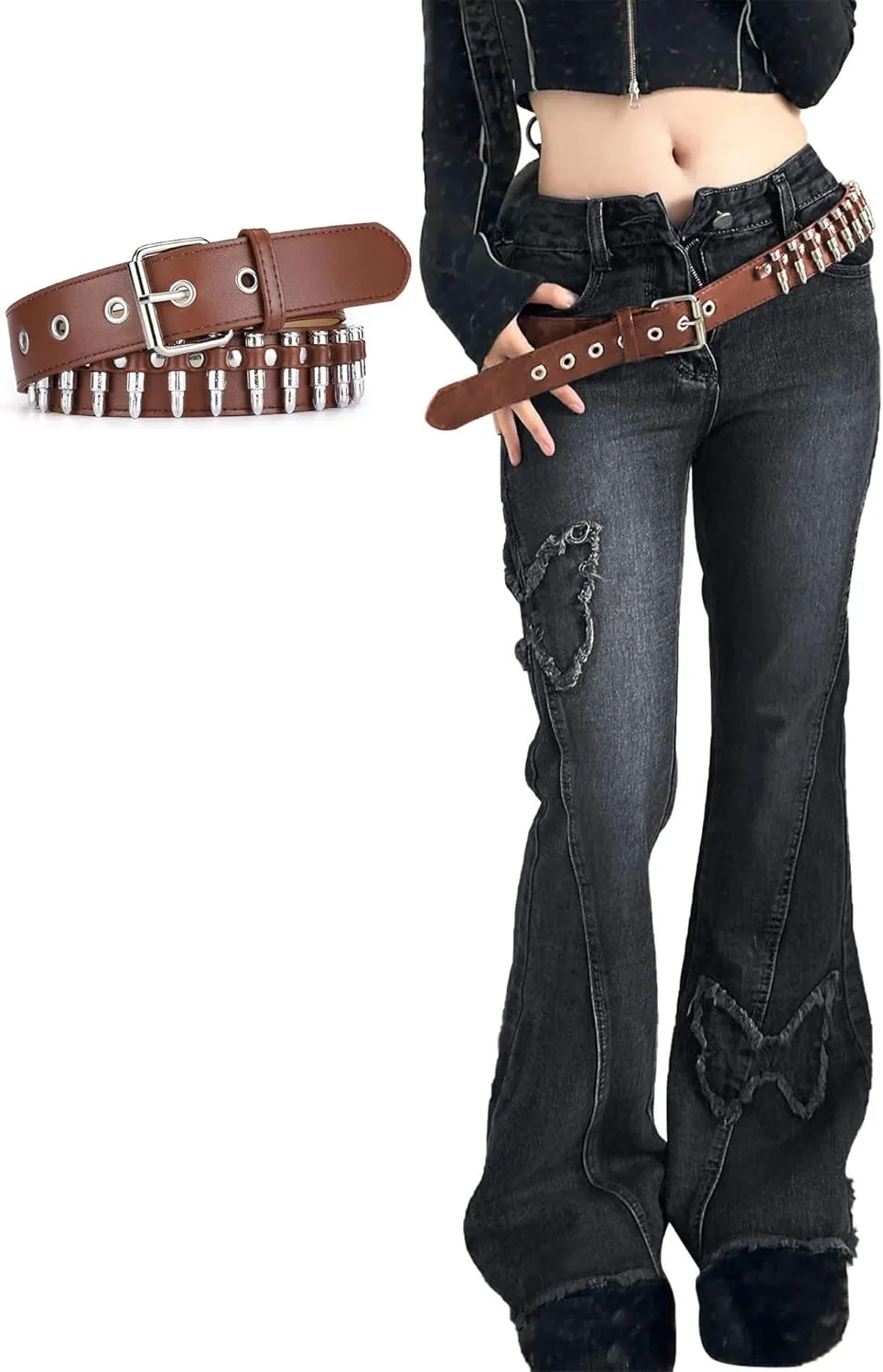 Womens Petite Flare Jeans Y2K Butterfly Low Rise Denim Pants Vintage Grunge Distressed Baggy Jeans