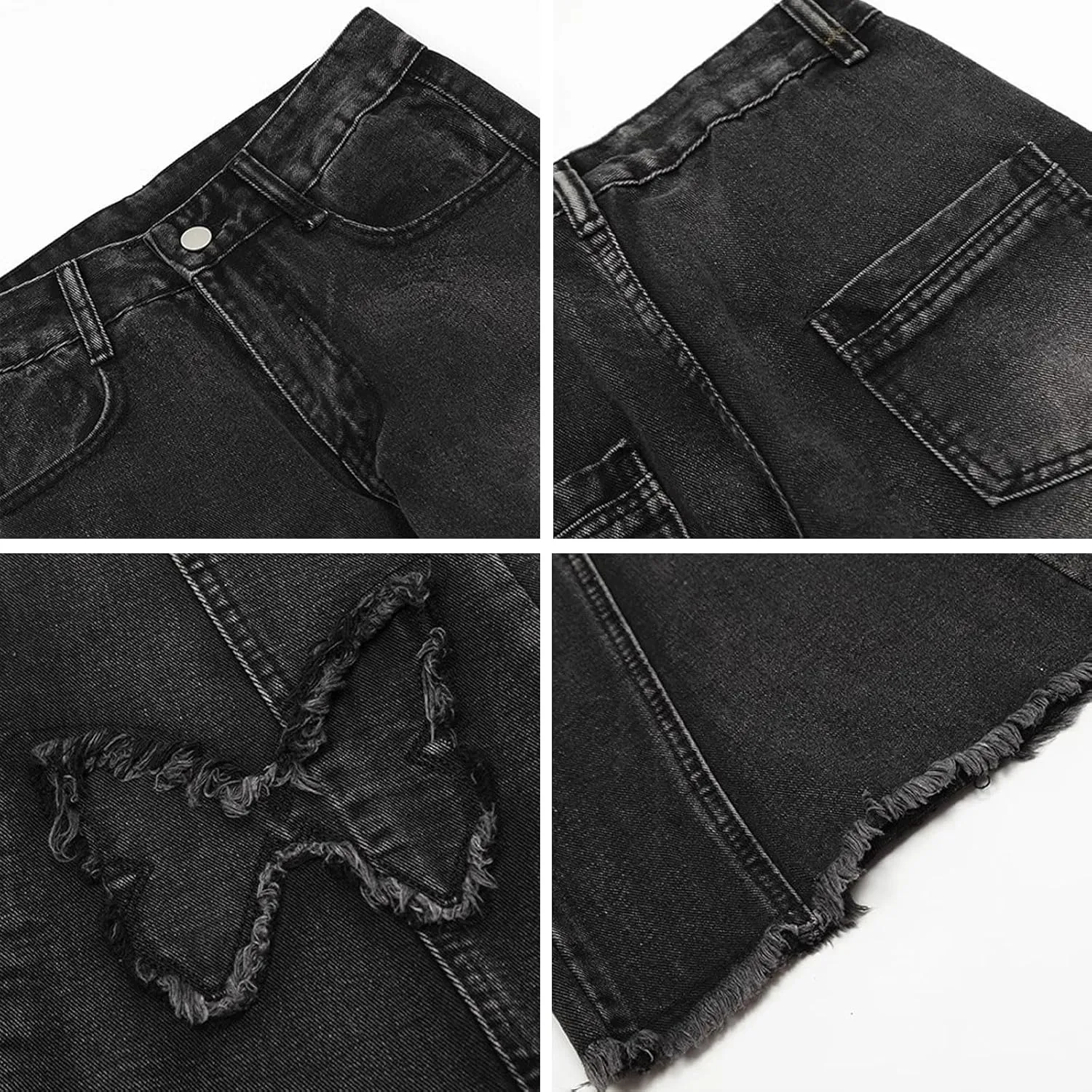 Womens Petite Flare Jeans Y2K Butterfly Low Rise Denim Pants Vintage Grunge Distressed Baggy Jeans