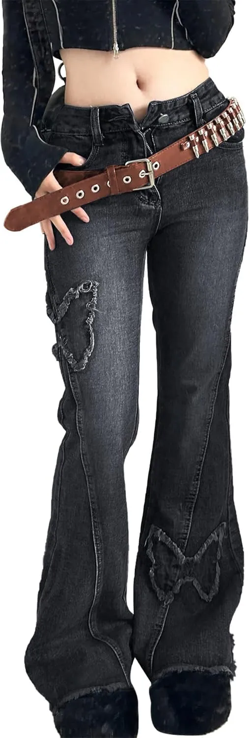 Womens Petite Flare Jeans Y2K Butterfly Low Rise Denim Pants Vintage Grunge Distressed Baggy Jeans
