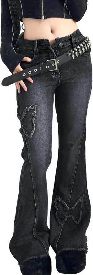 Womens Petite Flare Jeans Y2K Butterfly Low Rise Denim Pants Vintage Grunge Distressed Baggy Jeans