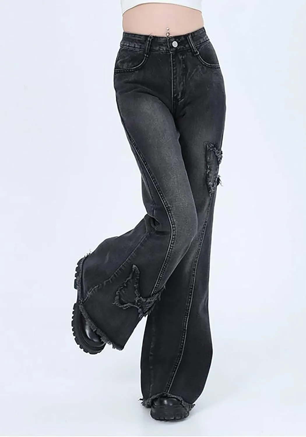 Womens Petite Flare Jeans Y2K Butterfly Low Rise Denim Pants Vintage Grunge Distressed Baggy Jeans