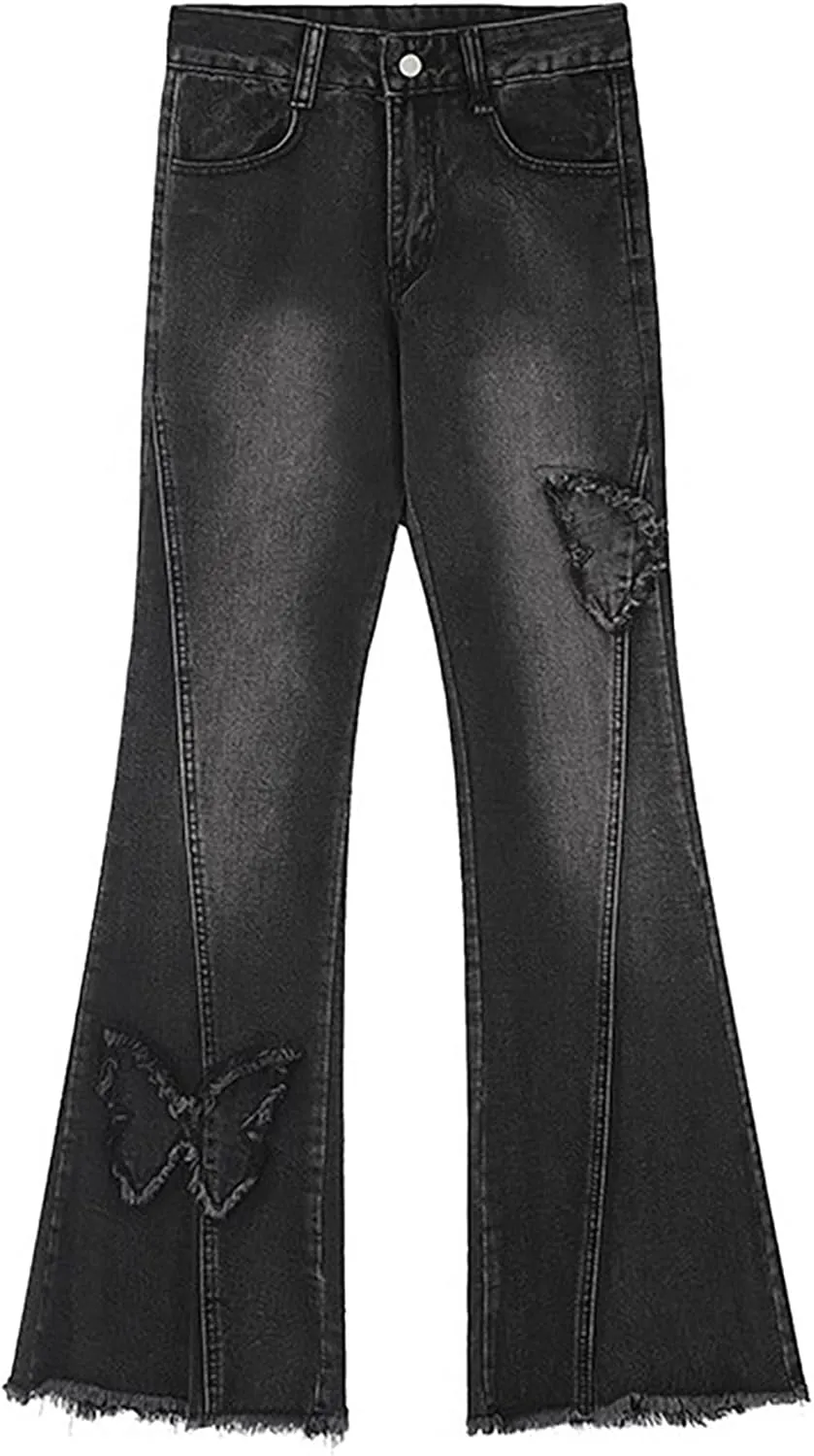 Womens Petite Flare Jeans Y2K Butterfly Low Rise Denim Pants Vintage Grunge Distressed Baggy Jeans