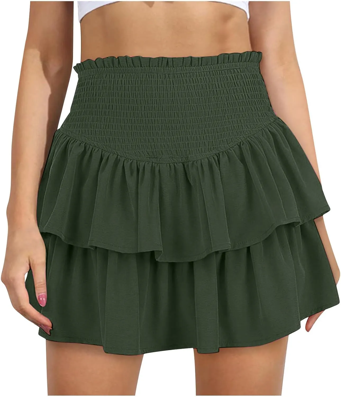 Women's Pleated Skirts High Waisted Layered Ruffle Curvy Hem Tiered Skirt Solid Color Sports Running Skirts