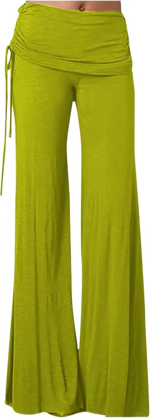 Women's Pleated Wide Leg Palazzo Pants High Waisted Flare Yoga Leggings Summer Casual Trendy Trousers