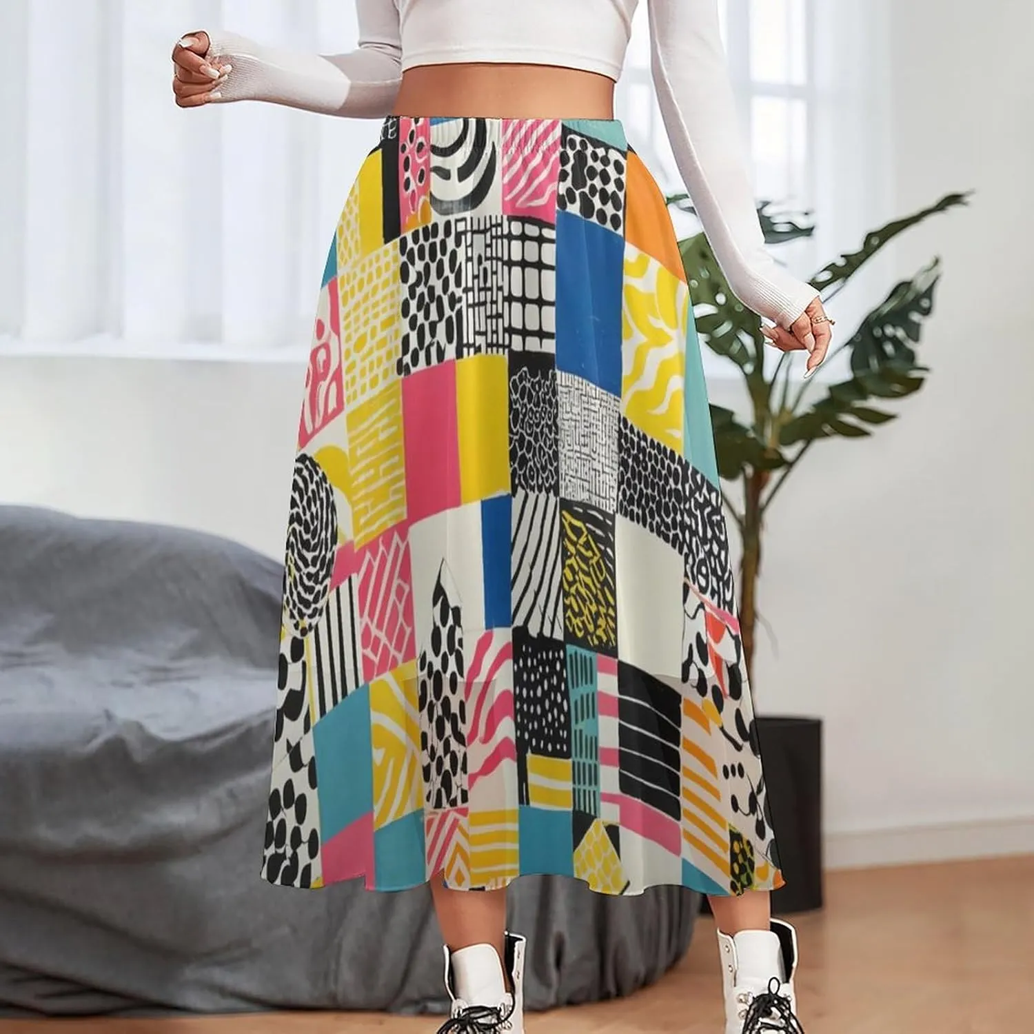 Women's Printed Skirt Chiffon Elastic Waist Ruffle Flowy Midi Skirts