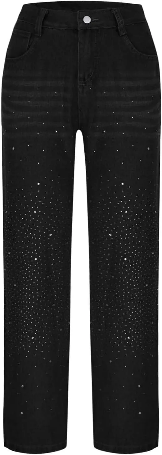 Womens Rhinestone Jeans Baggy Straight Leg Y2K Denim Pants Sparkly Loose Boyfriend Jeans with Pockets