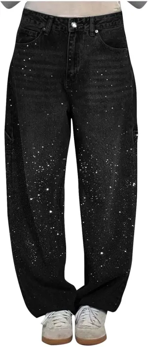 Womens Rhinestone Jeans Baggy Straight Leg Y2K Denim Pants Sparkly Loose Boyfriend Jeans with Pockets