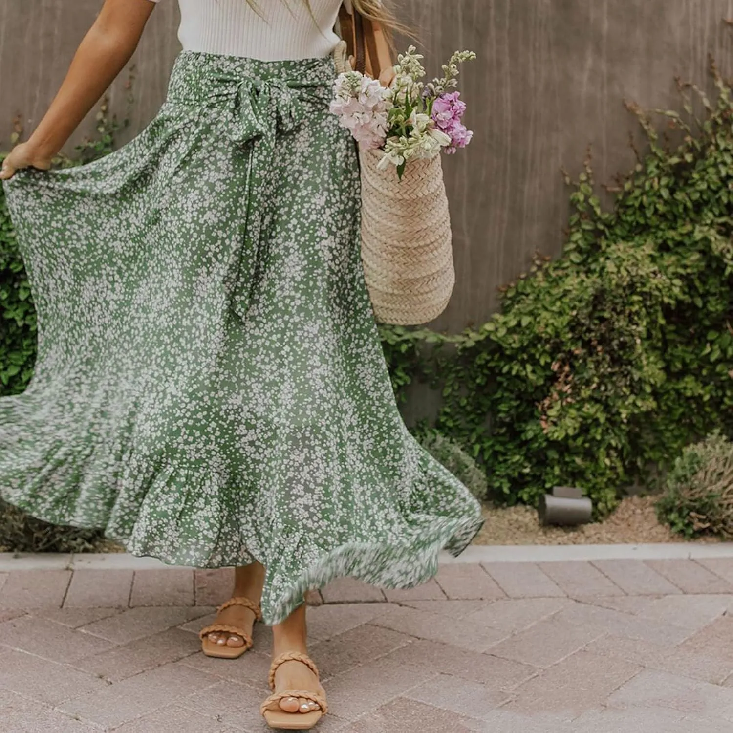 Women's Ruffle Layered High Waisted Skirts Tie Wrap Midi Skirts Fashion Pleated A-Line Swing Casual Summer Long