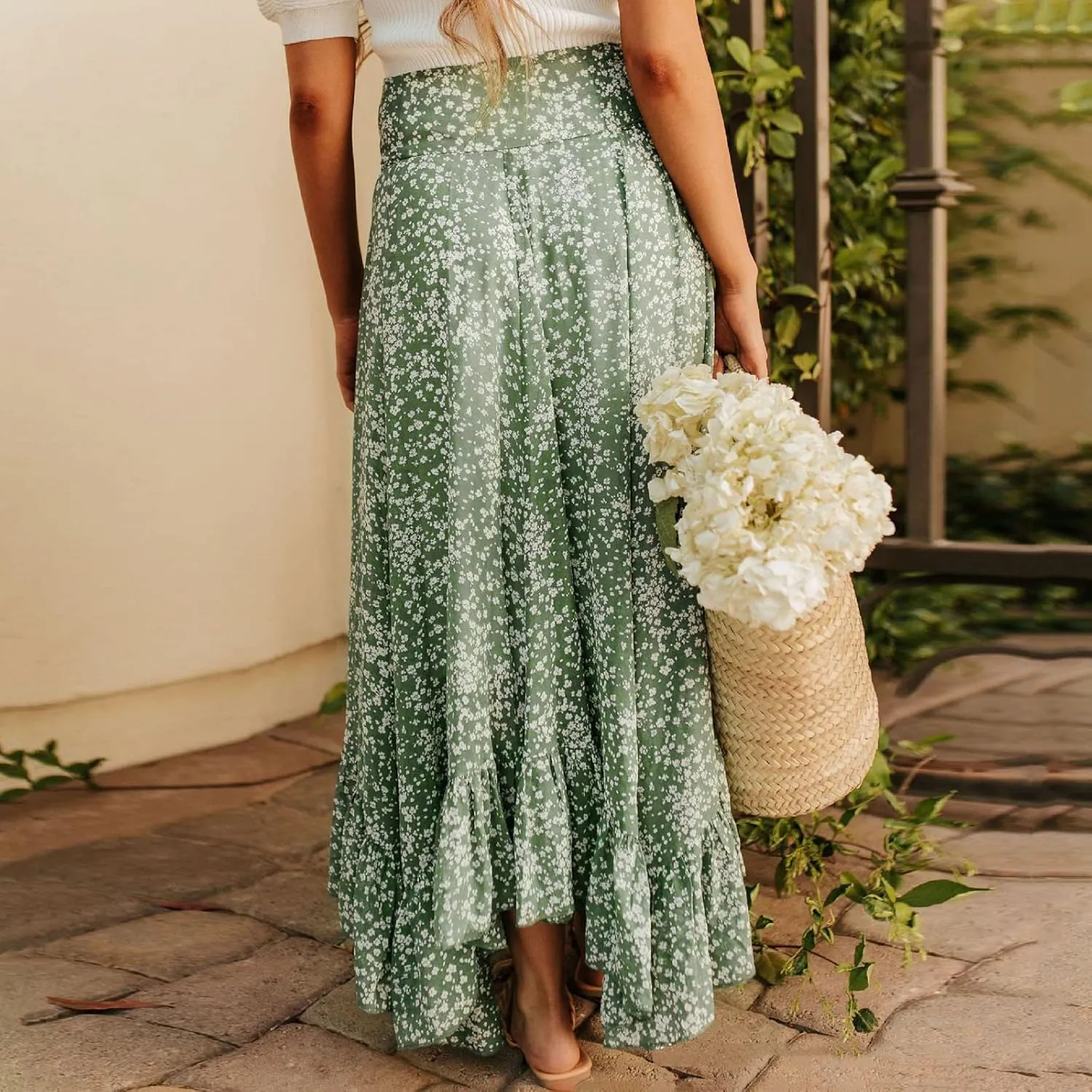 Women's Ruffle Layered High Waisted Skirts Tie Wrap Midi Skirts Fashion Pleated A-Line Swing Casual Summer Long
