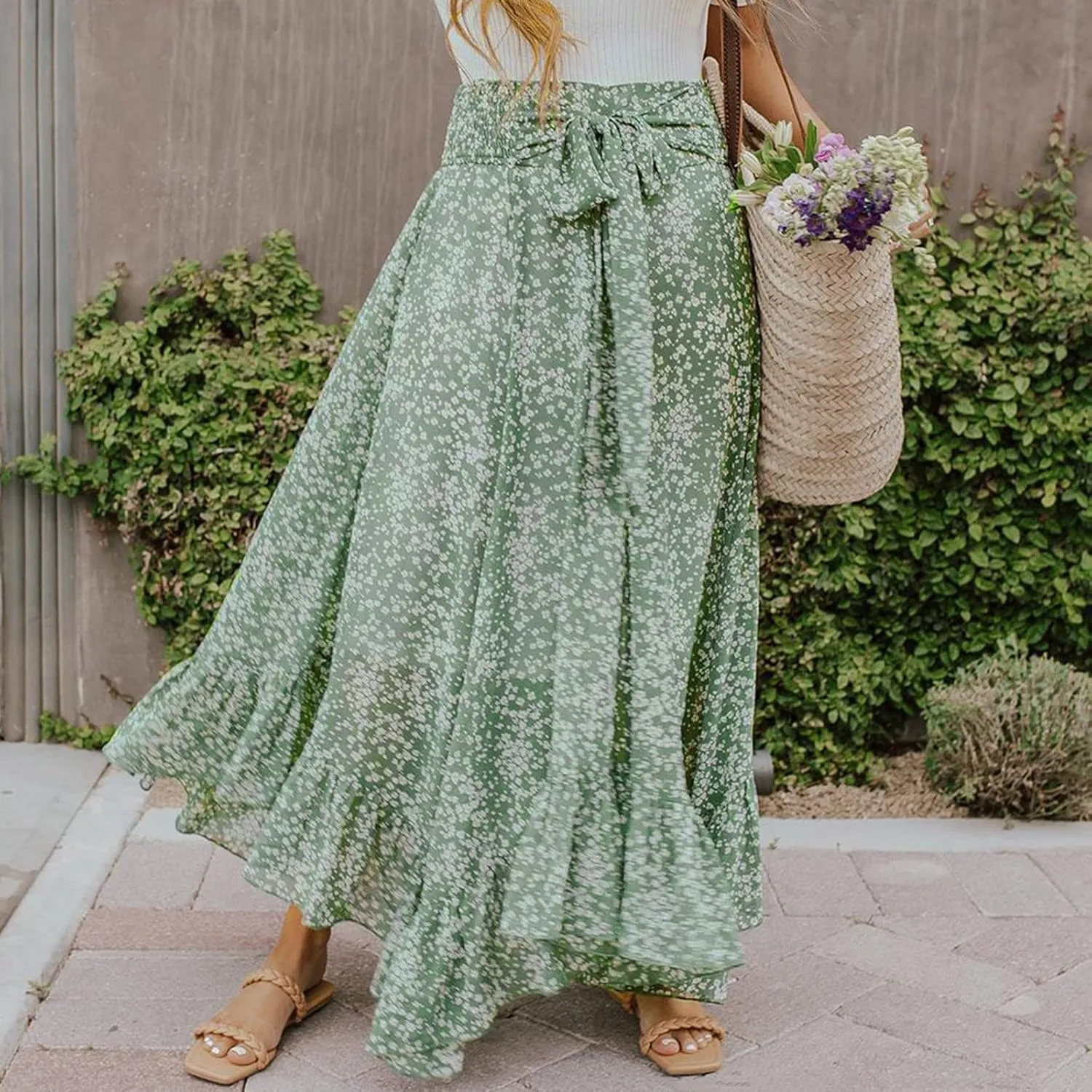 Women's Ruffle Layered High Waisted Skirts Tie Wrap Midi Skirts Fashion Pleated A-Line Swing Casual Summer Long