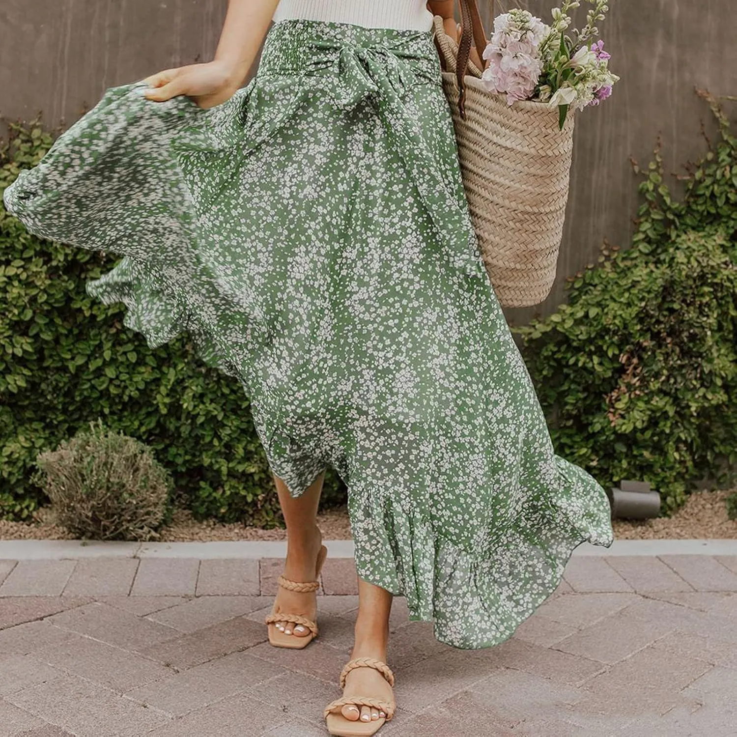 Women's Ruffle Layered High Waisted Skirts Tie Wrap Midi Skirts Fashion Pleated A-Line Swing Casual Summer Long