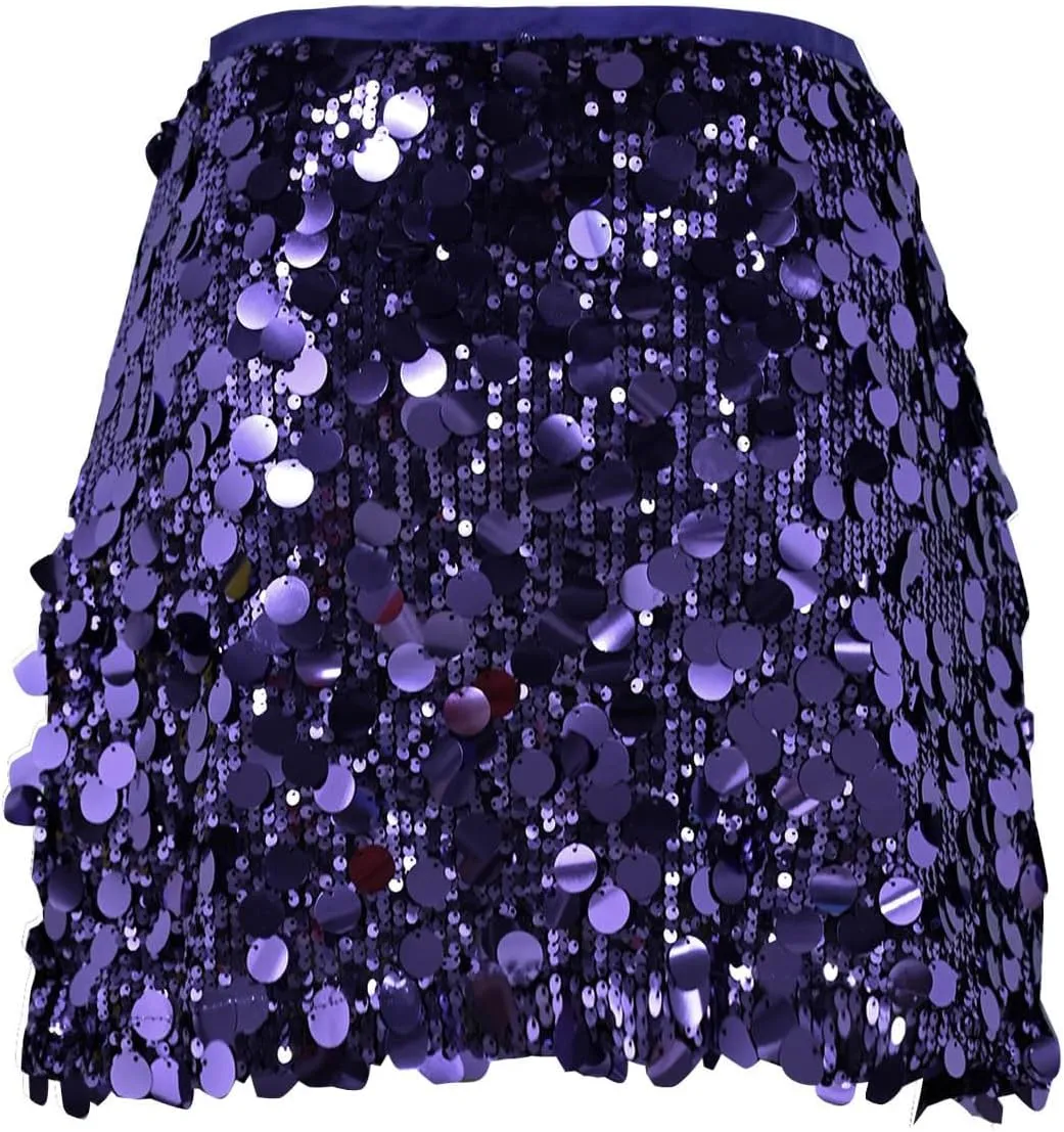 Womens Sequin Skirts Sparkly Glitter Mid-Thigh Length Concert Mini Skirt Shiny Dance Club Rave Party Bodycon Skirt
