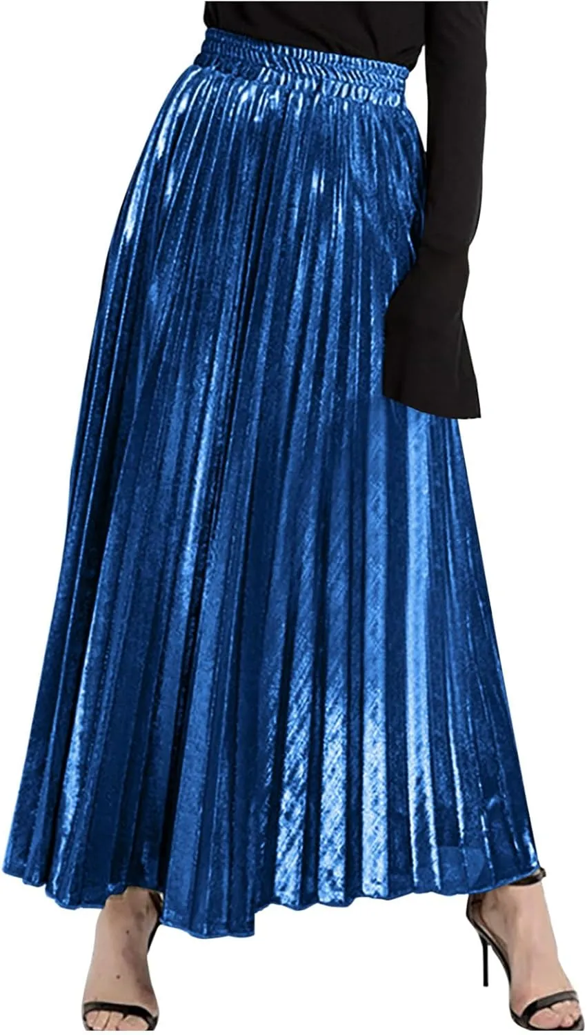 Women's Sexy Plus Size Adjustable Waist a Line Gold Skater Pleated High Waisted Elastic Party Vintage Maxi Skirts