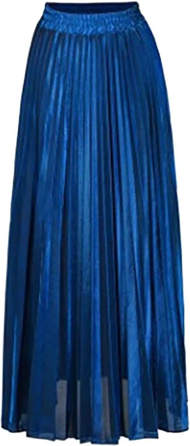 Women's Sexy Plus Size Adjustable Waist a Line Gold Skater Pleated High Waisted Elastic Party Vintage Maxi Skirts