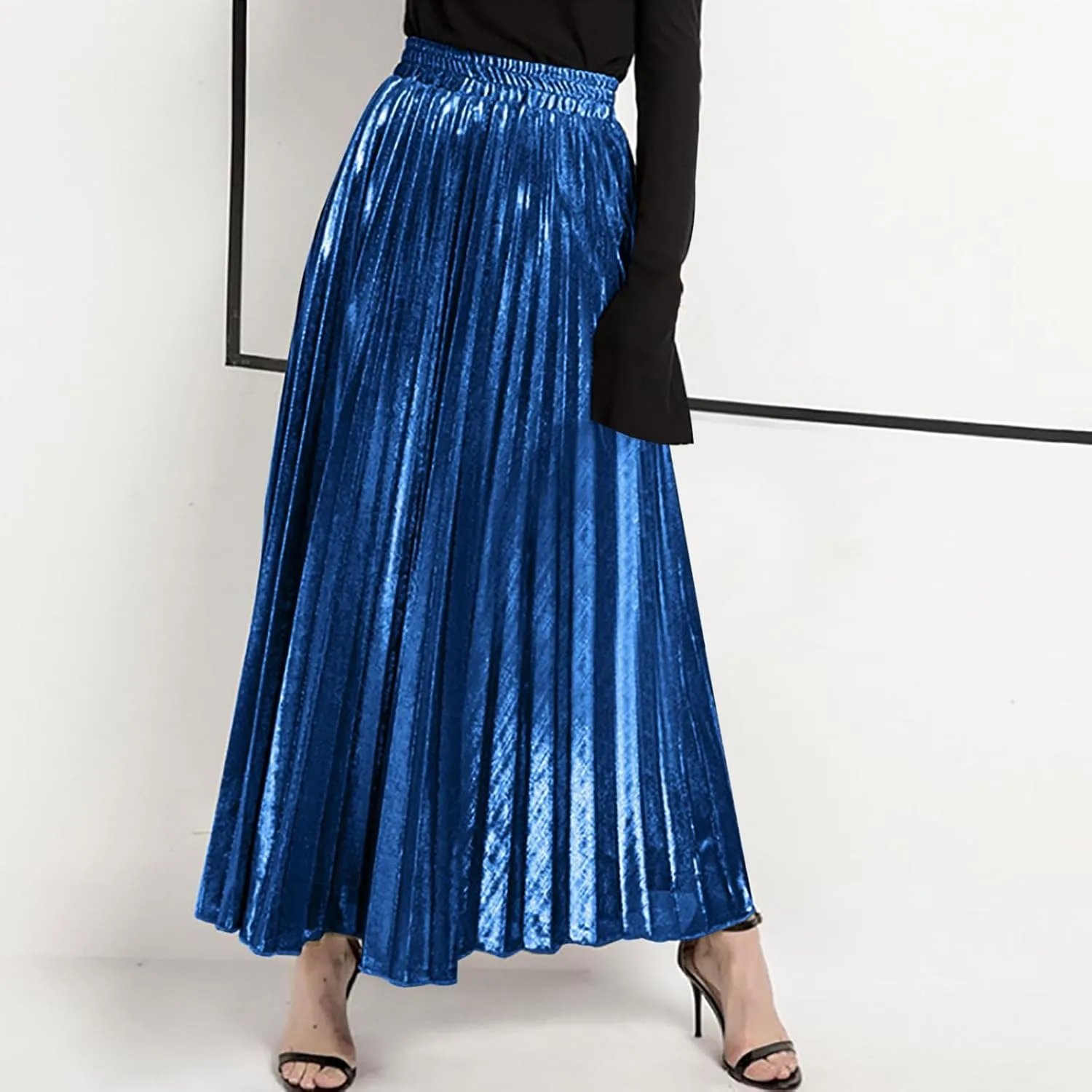 Women's Sexy Plus Size Adjustable Waist a Line Gold Skater Pleated High Waisted Elastic Party Vintage Maxi Skirts