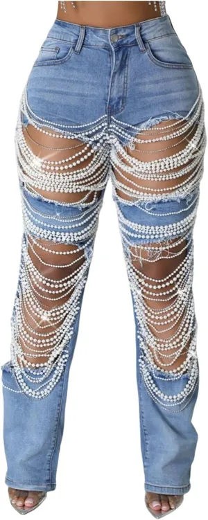 Womens Sexy Ripped Jeans High Waisted Rhinestones Pearl Chains Distressed Baggy Jeans Party Clubwear Denim Pants