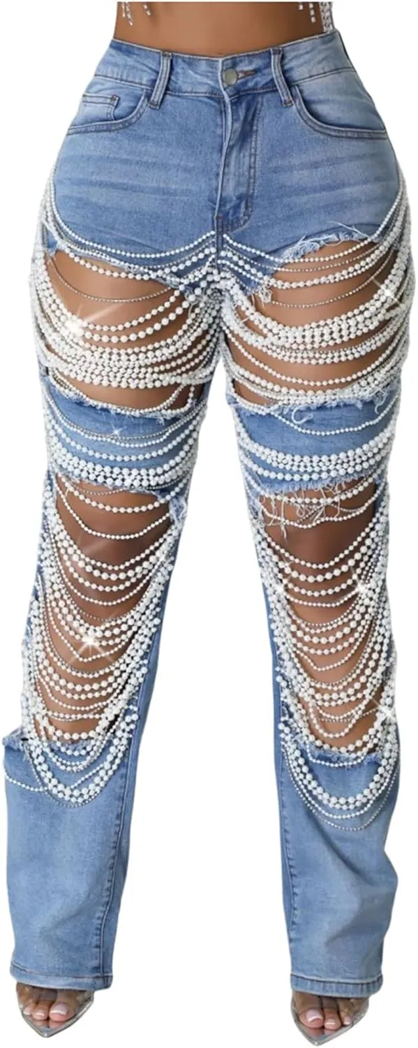 Womens Sexy Ripped Jeans High Waisted Rhinestones Pearl Chains Distressed Baggy Jeans Party Clubwear Denim Pants