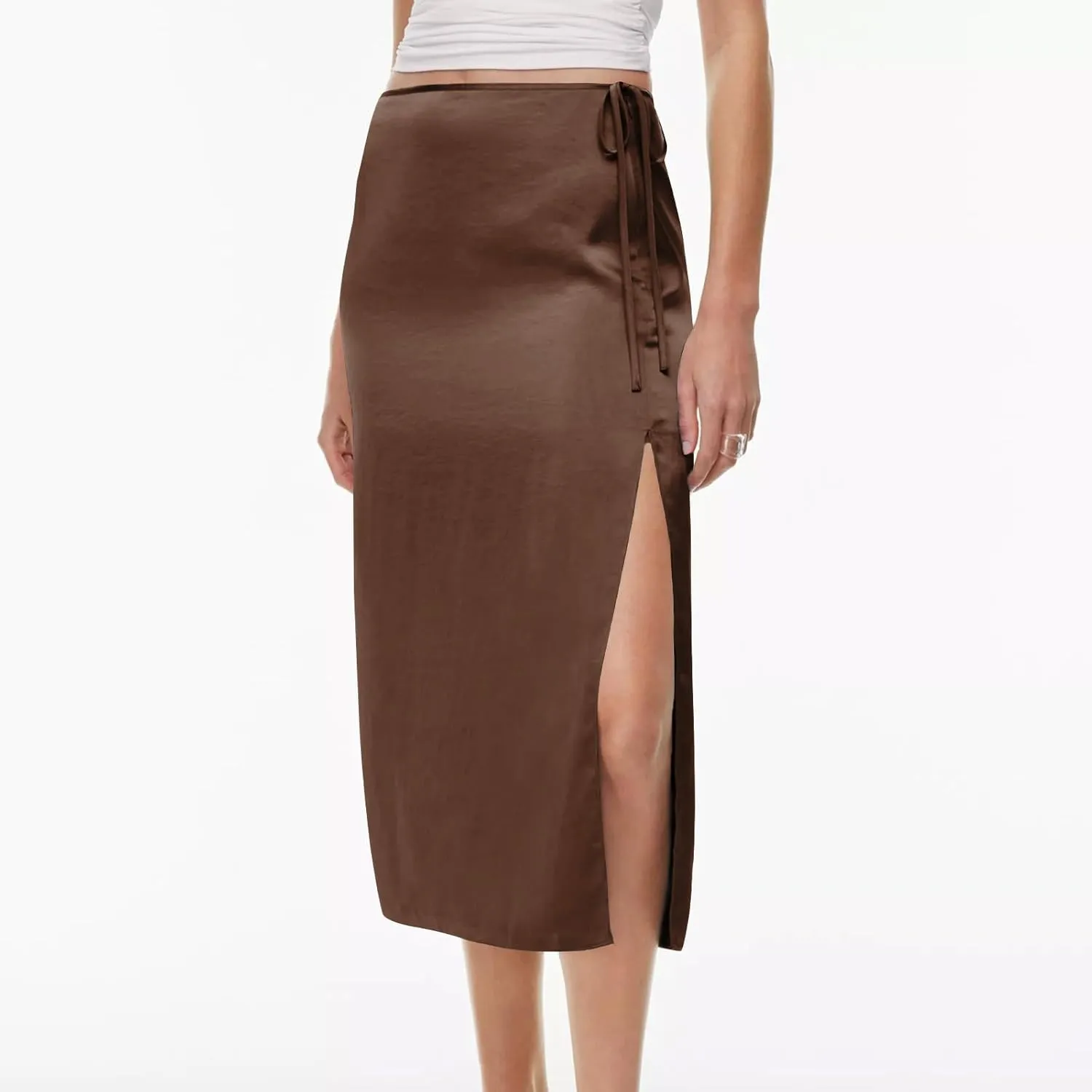 Womens Shift Skirt Casual Elegant Side Split Drawstring High Waisted Wrap Midi Skirt Office Business Work Skirt