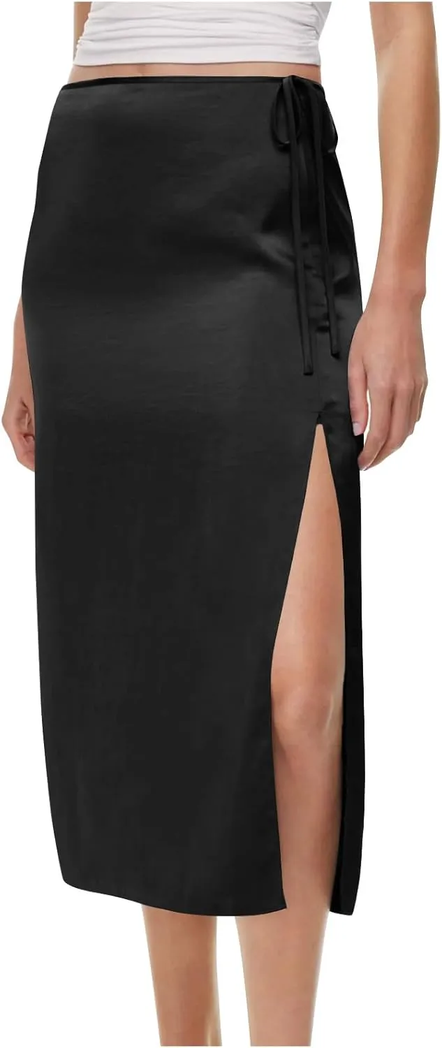 Womens Shift Skirt Casual Elegant Side Split Drawstring High Waisted Wrap Midi Skirt Office Business Work Skirt