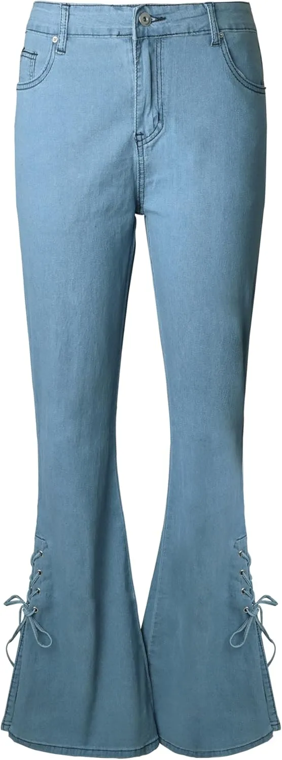 Womens Side Lacing Bell Bottom Jeans Stretch Butt Lifting Vintage Washed Jeans Skinny Flare Pants