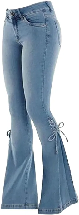 Womens Side Lacing Bell Bottom Jeans Stretch Butt Lifting Vintage Washed Jeans Skinny Flare Pants