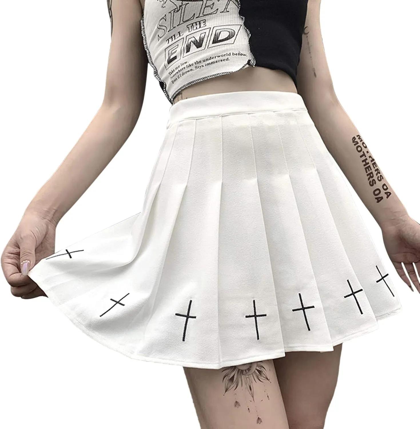 Women's Skirt High Waist Gothic Punk Mini Skirts Ladies Cross Pattern Short Pleated Skirt Summer Skirt