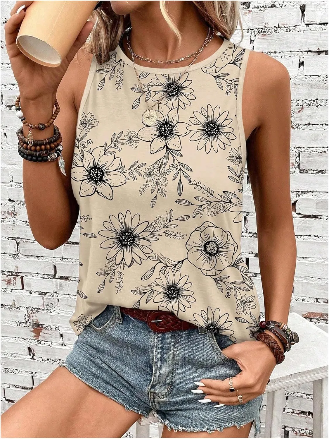 Women's Sleeveless Floral Tank Top Casual Vintage Crew Neck Graphic Tees Summer Tops