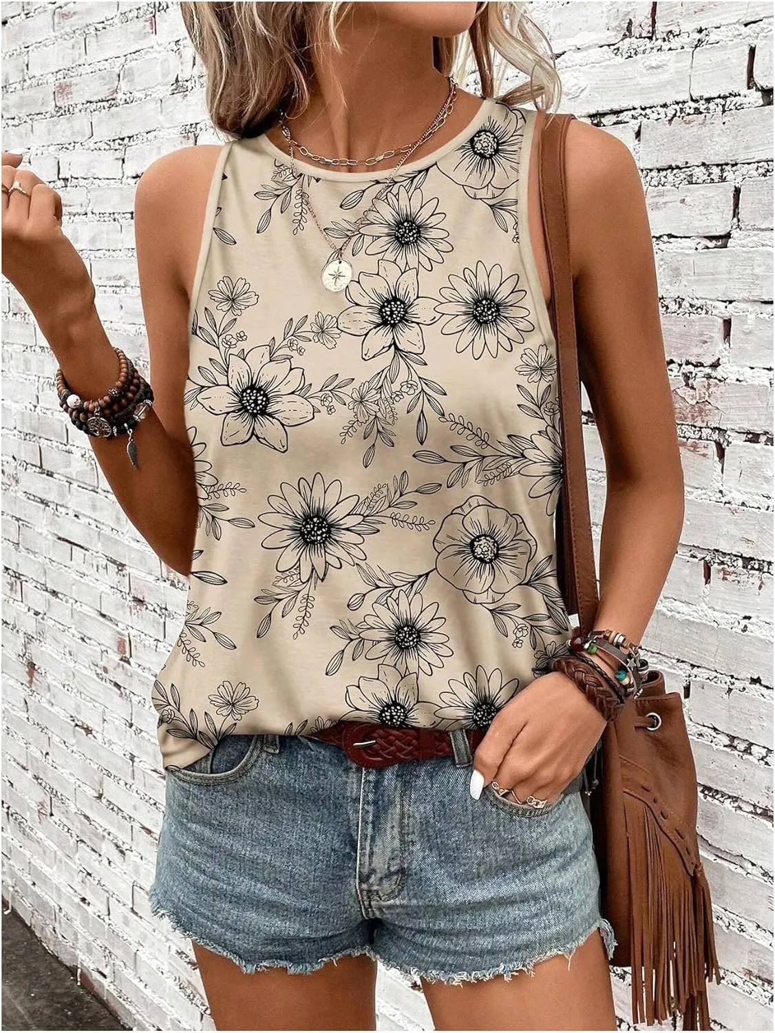 Women's Sleeveless Floral Tank Top Casual Vintage Crew Neck Graphic Tees Summer Tops