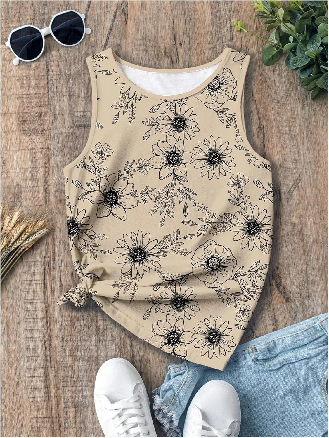 Women's Sleeveless Floral Tank Top Casual Vintage Crew Neck Graphic Tees Summer Tops