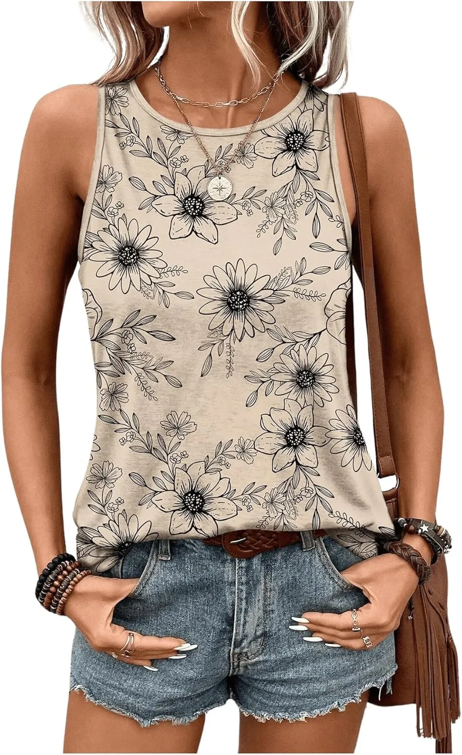 Women's Sleeveless Floral Tank Top Casual Vintage Crew Neck Graphic Tees Summer Tops