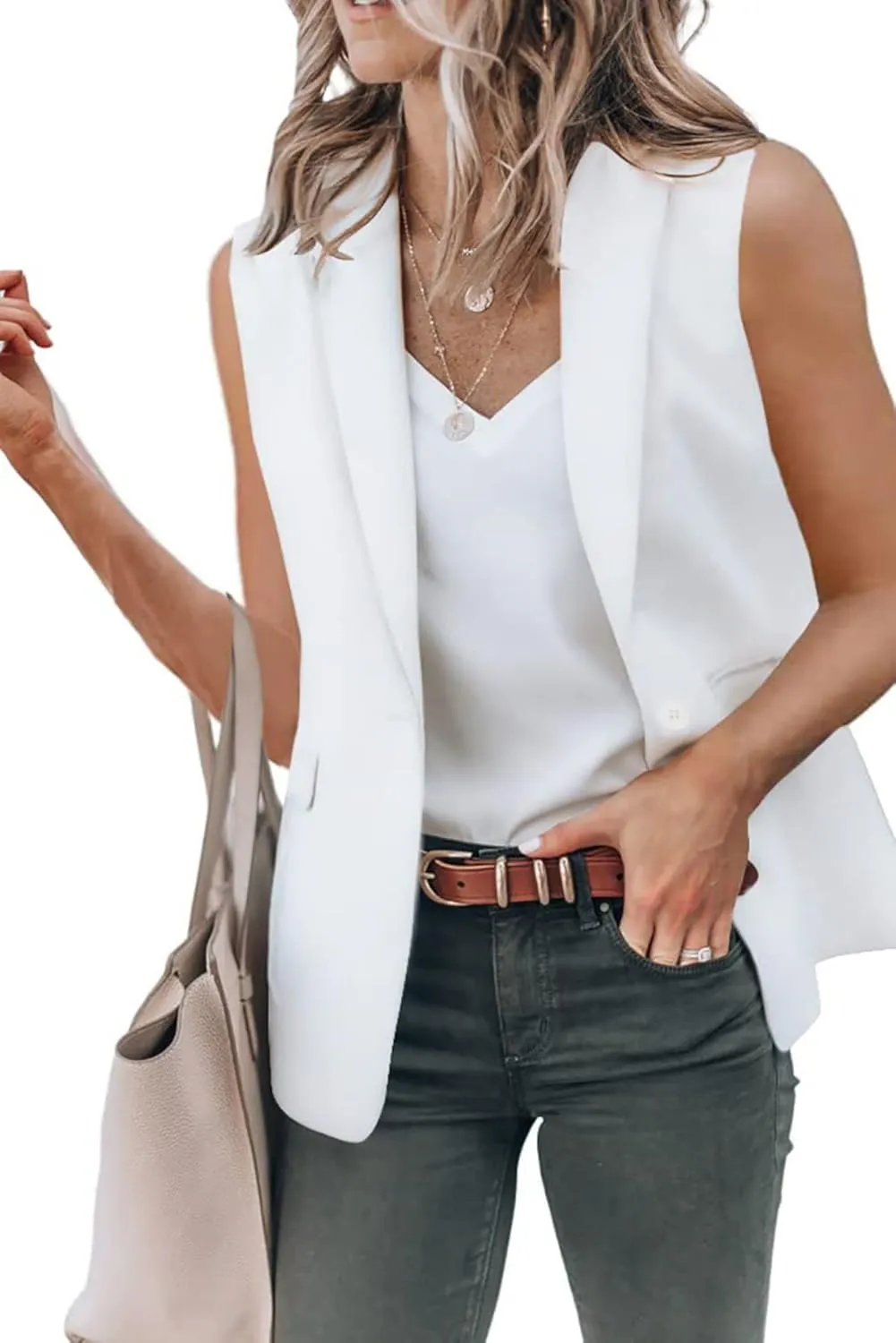 Women's Sleeveless Open Front Blazer Vest Single Button Summer Jacket Casual Work Office Tops Waistcoat with Pockets