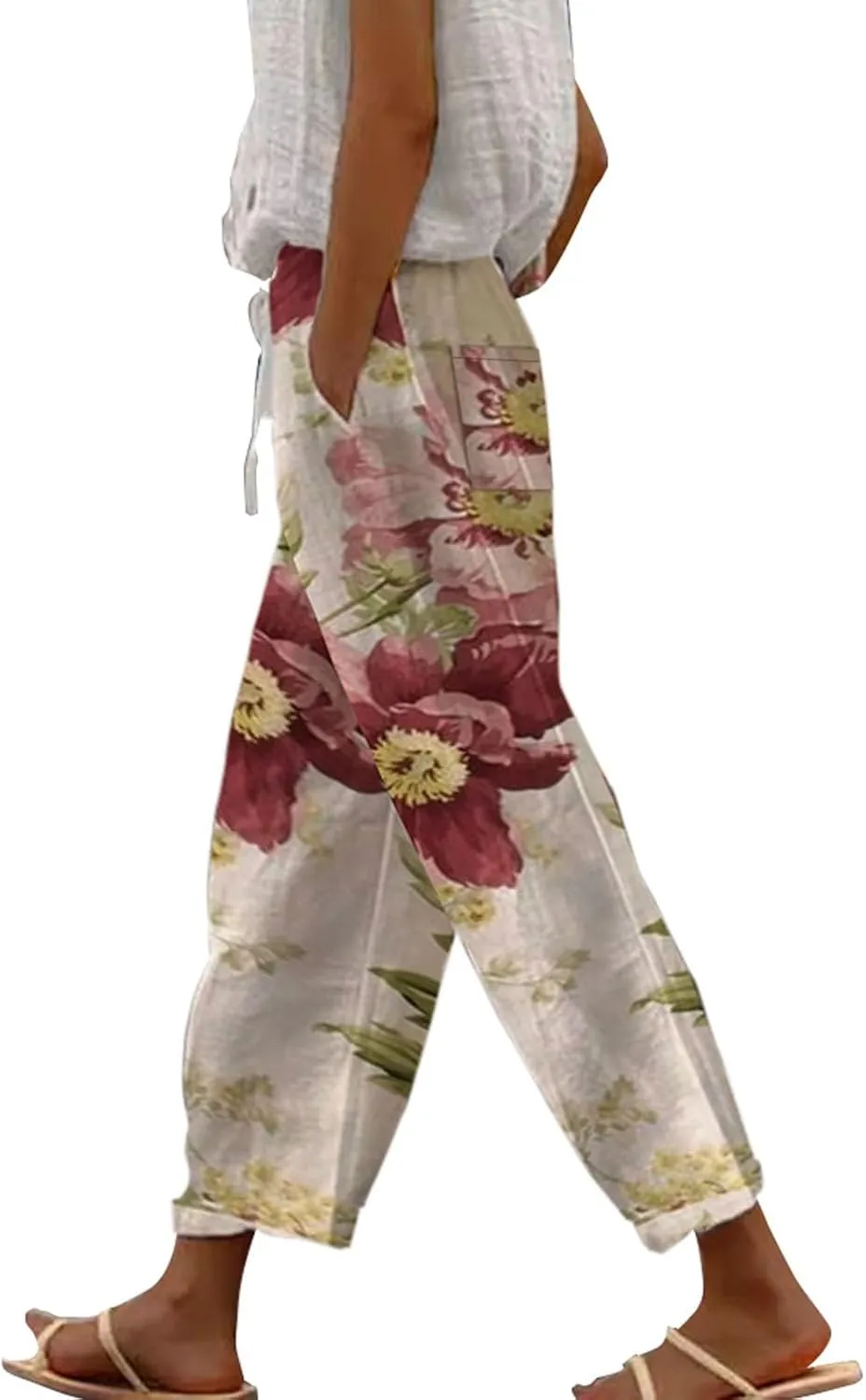 Women's Solid Striped Linen Capris Pants Spring Flowy Beach Trousers Outfits Linen Crop Pants for Women Casual